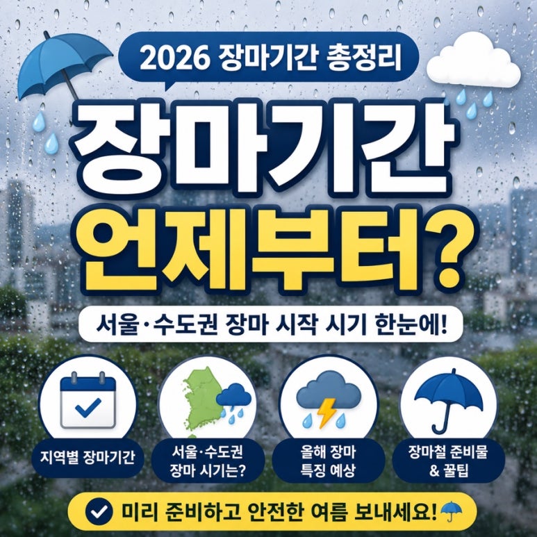 비 오는 날 우산을 쓰고 가는 사람들과 2026년 여름 장마철 시작 시기가 안내된 라이프스타일 블로그 썸네일